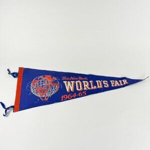 Vintage 1964-65 New York Worlds Fair Blue Felt Flag Banner Pennant Souvenir